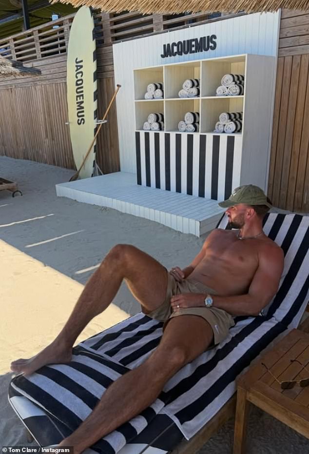 Meanwhile, Tom cut a relaxed figure while also chilling out in the sunshine, with the reality star displaying his buff physique in khaki shorts