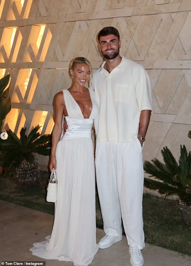 A further image saw the newlyweds dressed to impress in stylish white ensembles during a date night, with bride Molly wowing in a plunging, maxi dress