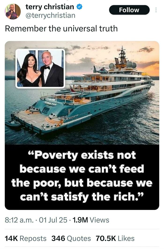 A social media post with an image of a superyacht and a couple, captioned Poverty exists not because we cant feed the poor, but because we cant satisfy the rich, representing Eat The Rich moments. A social media post with an image of a superyacht and a couple, captioned Poverty exists not because we cant feed the poor, but because we cant satisfy the rich, representing Eat The Rich moments.