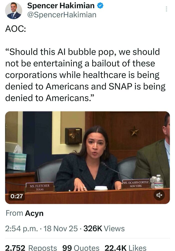 AOC speaking at a hearing, advocating for Eat The Rich policies by discussing AI bubble and healthcare. AOC speaking at a hearing, advocating for Eat The Rich policies by discussing AI bubble and healthcare.