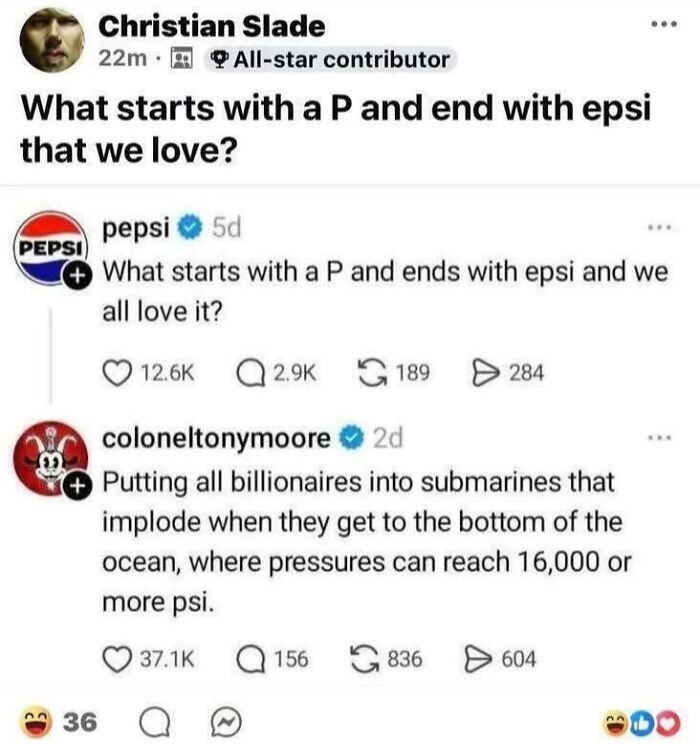 A social media exchange about Eat The Rich Moments, where someone suggests putting billionaires in imploding submarines. A social media exchange about Eat The Rich Moments, where someone suggests putting billionaires in imploding submarines.