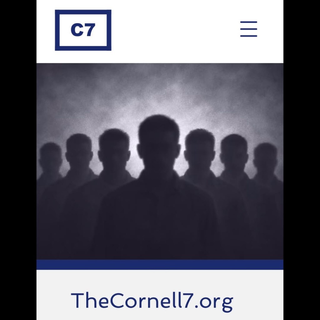 Website "TheCornell7.org" with silhouettes of seven men against a smoky background.